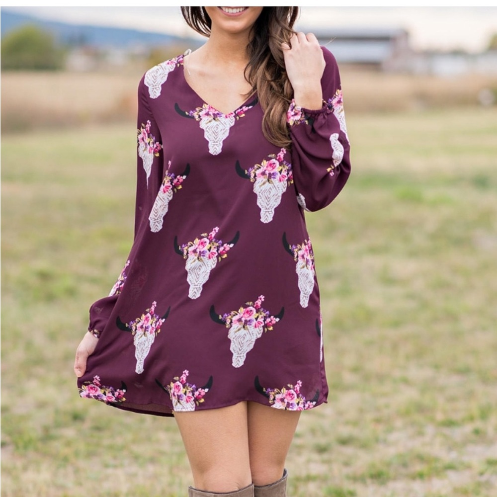 Fab'rik | Boho Purple Cow Skull Sleeved Mini Dress Small